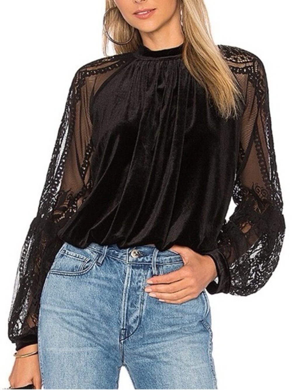 Free People Black Lace Sleeve Velvet Blouse Size L